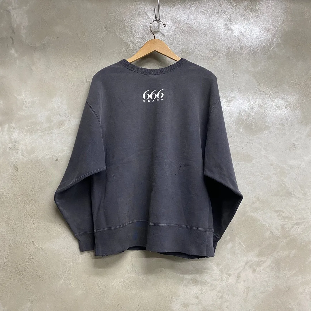 SAINT Mxxxxxx CREW NECK SWT SHIRTS 'RAINBOW SNT'/BLK Rainbow SAINT destruction sweatshirt, washed black S-XL Assute dyeing, genuine whole garment sprayed with horsetail fading process, collar/cuffs frayed in many places, front and rear panels/sleeves super complicated hanging grinding, heavy washing and water discoloration, correct fruit mark/angel mark
